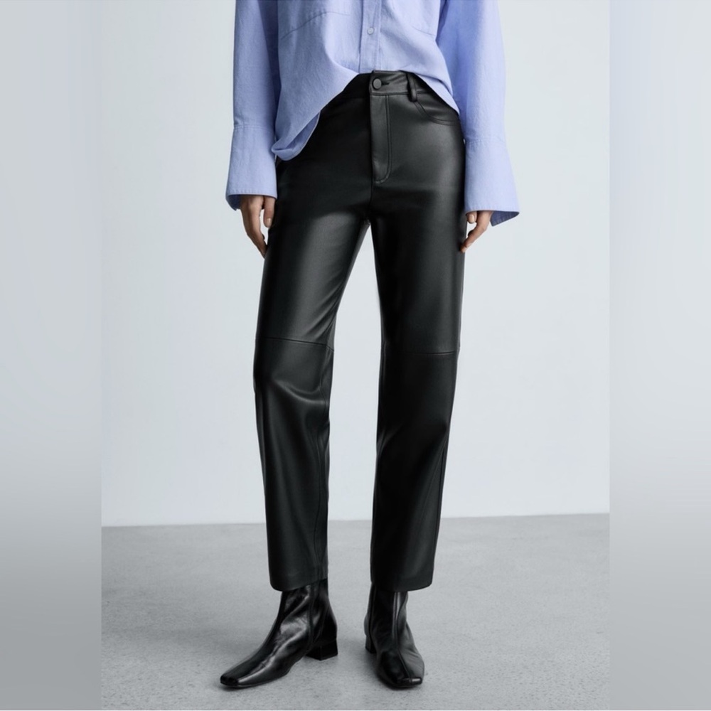 Mango MNG Black Faux Leather Wide Straight Leg Pants Size 10